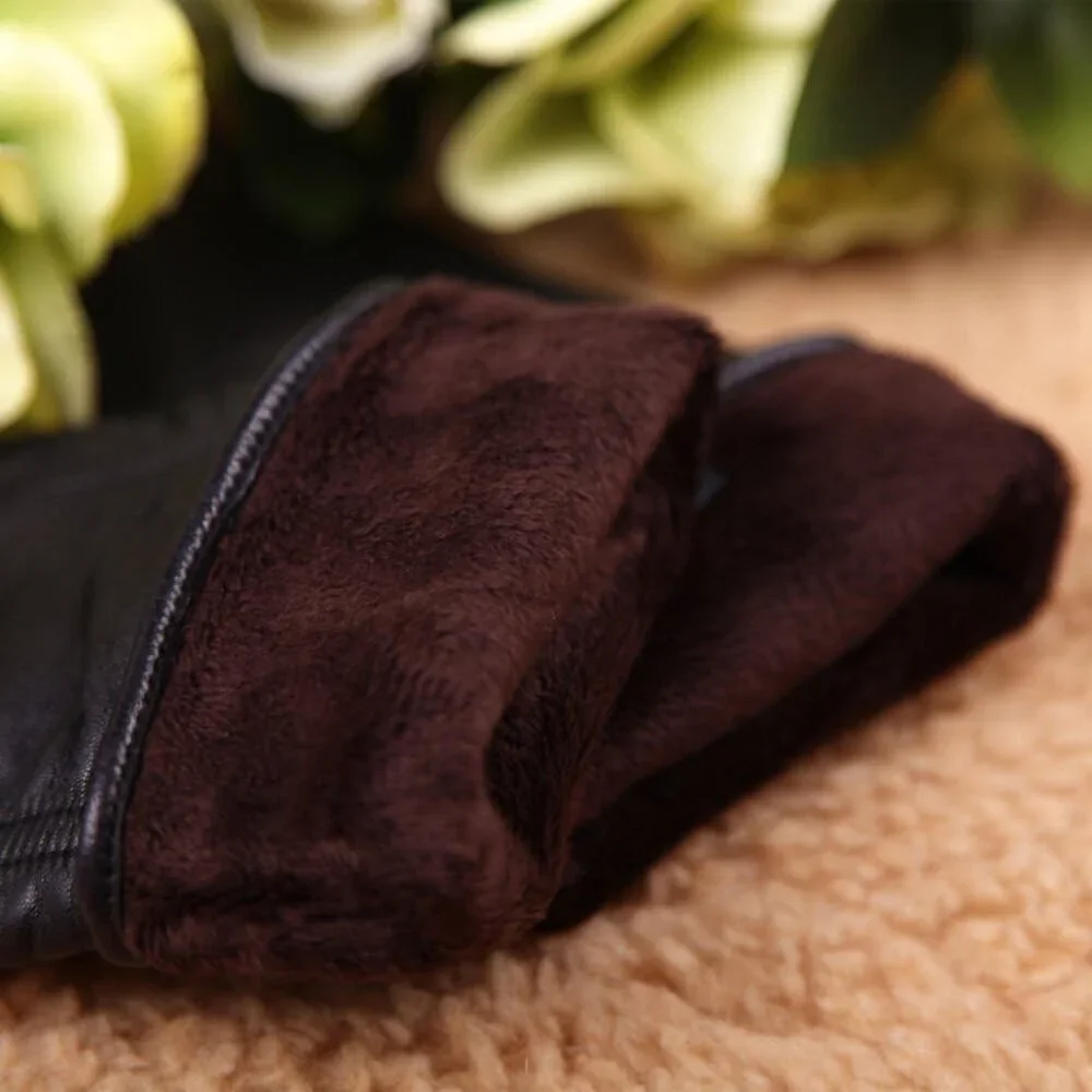Women's Black Lambskin Leather Touchscreen Gloves Winter Lined Long Sleeve